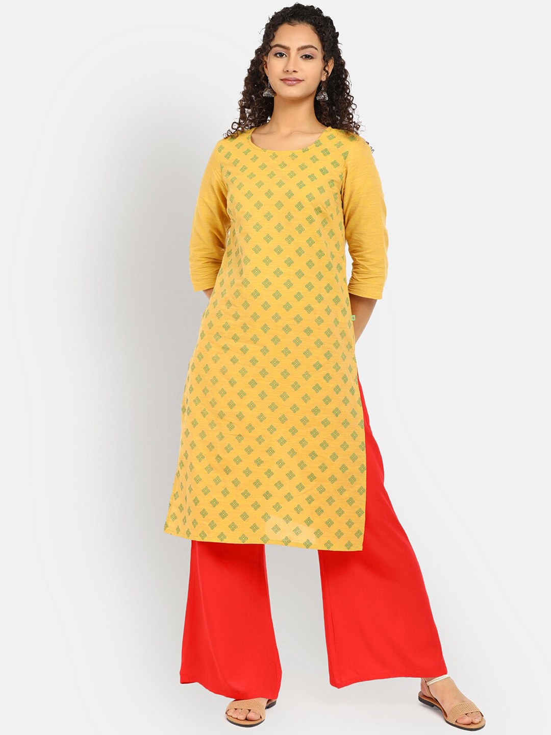 

V-Mart Women Yellow Geometric Printed Cotton Kurta