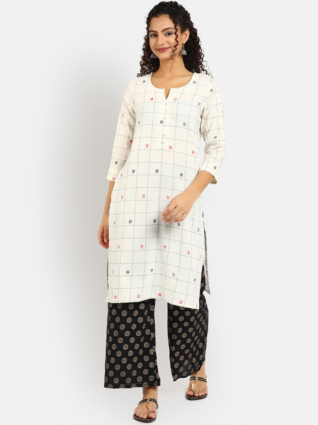 

V-Mart Women Off White Checked Cotton Kurta