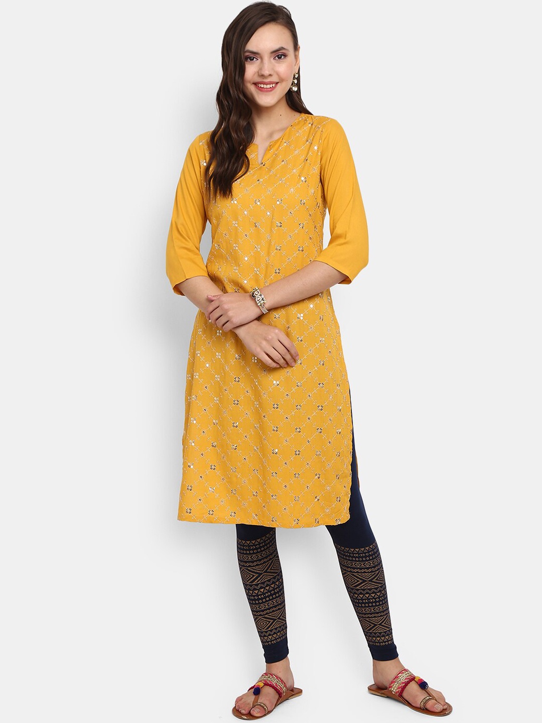 

V-Mart Women Yellow Floral Embellished Kurta