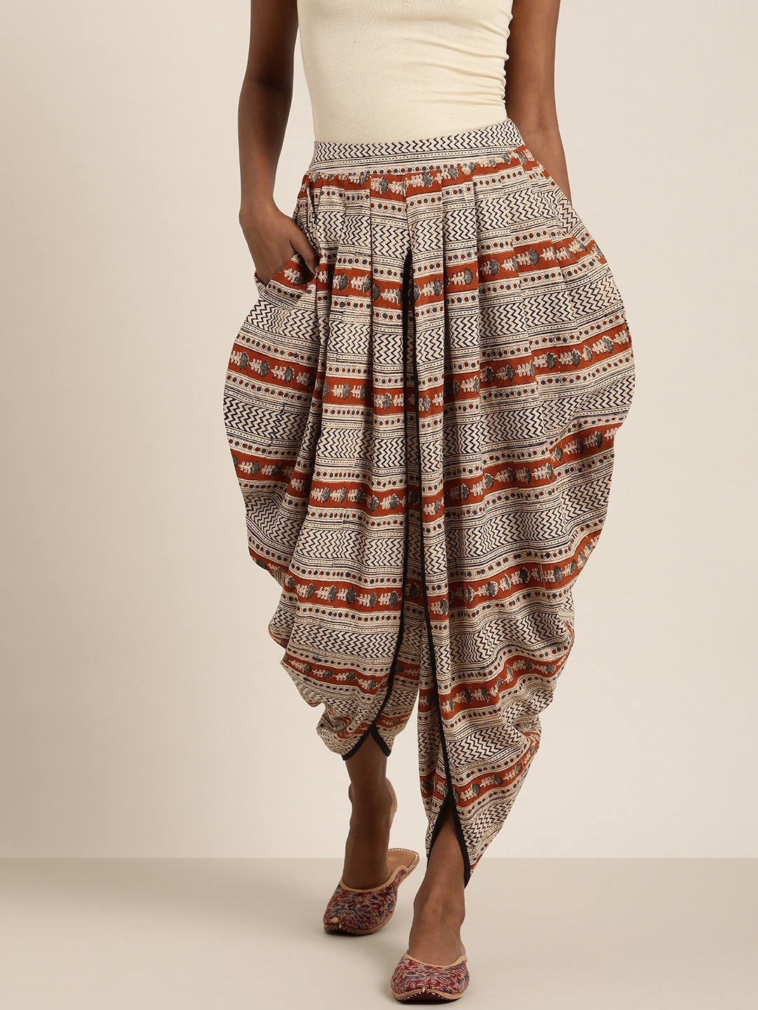 

Taavi Women Block Print Legacy Pleated Pure Cotton Dhoti Pants, Beige
