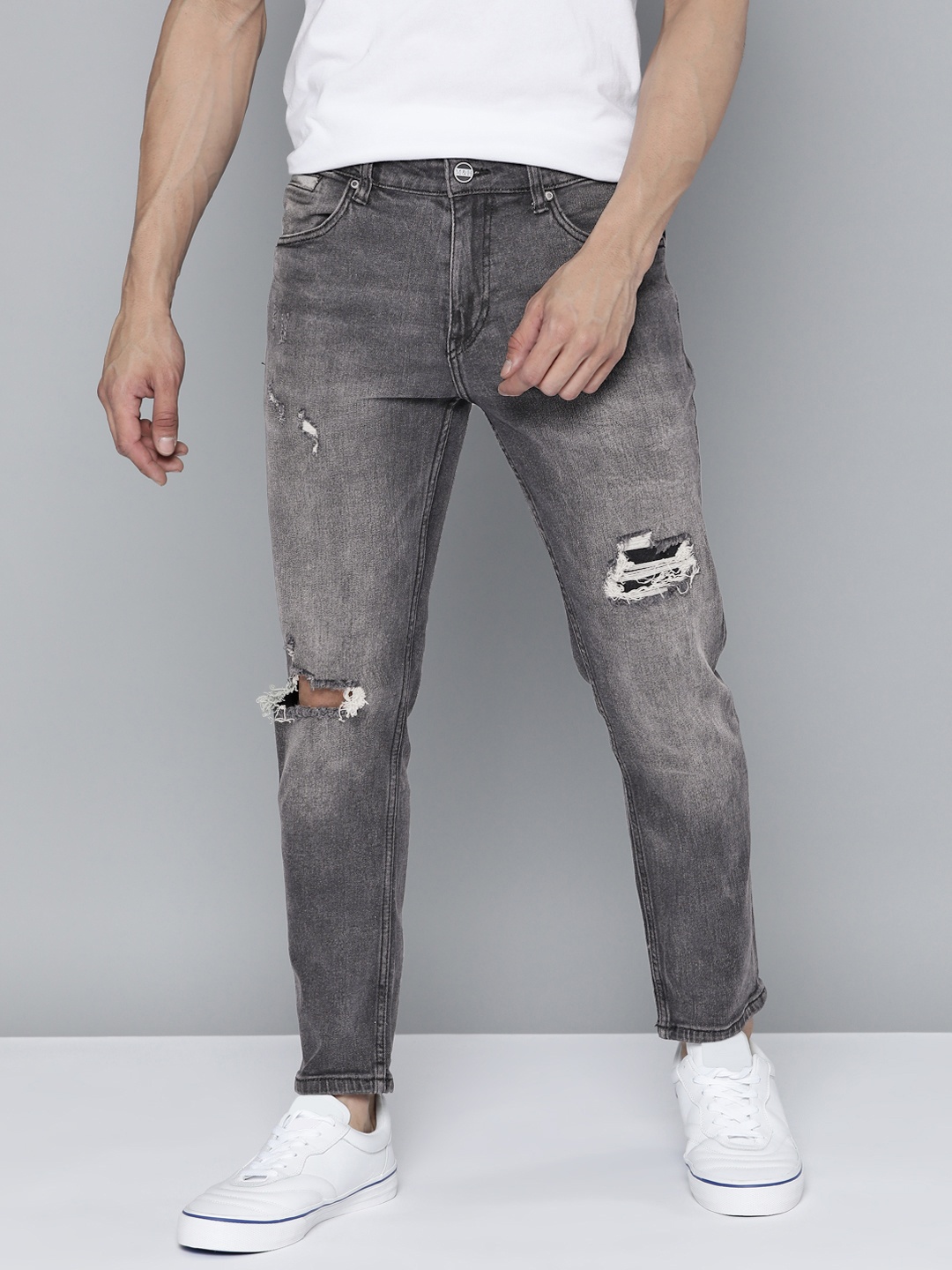 

Mast & Harbour Men Slim Tapered Fit Mildly Distressed Light Fade Stretchable Jeans, Charcoal