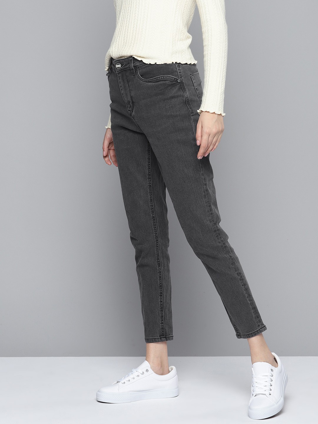

Mast & Harbour Women Skinny Fit Cropped Stretchable Jeans, Charcoal