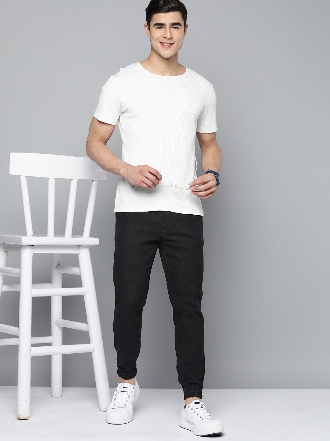 

Mast & Harbour Men Stretchable Slim Joggers, Black