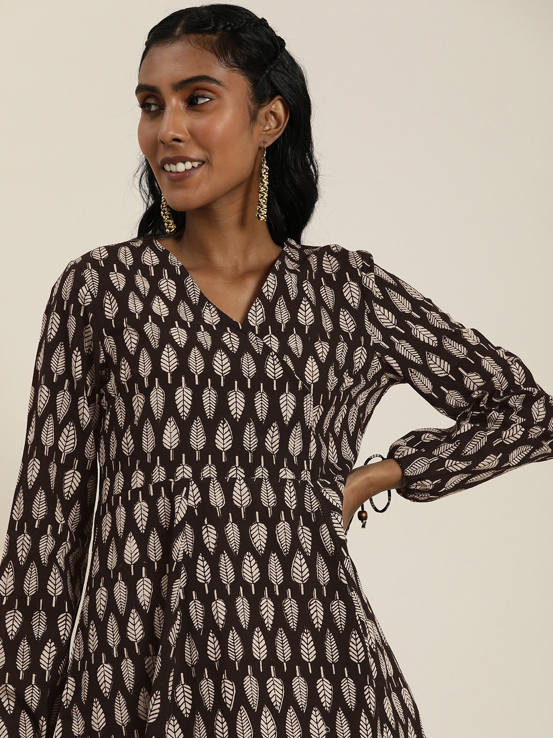 

Taavi Pure Cotton Tropical Print A-Line Bagru Dress, Black