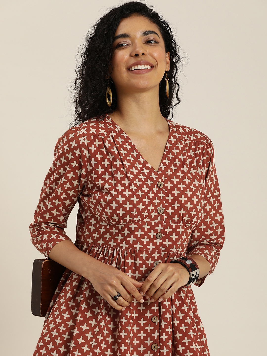 

Taavi Bagru Geometric Printed Shirt Style Placket Pure Cotton Dress, Rust