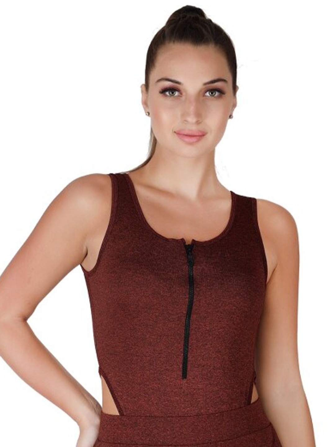 

La Aimee Maroon Solid Fitted Zipper Top