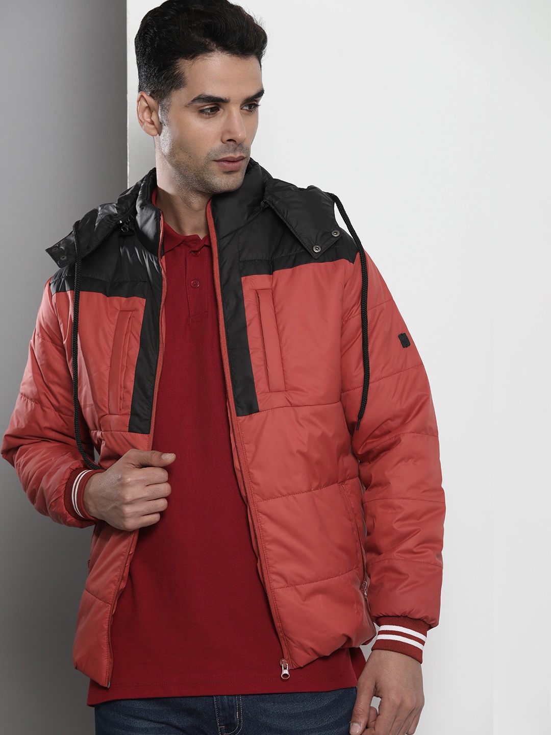 

The Indian Garage Co Men Colourblocked Detachable Hood Padded Jacket, Rust