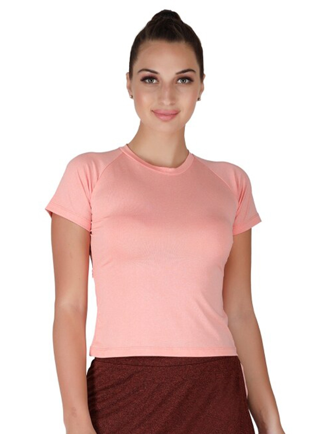 

La Aimee Peach-Coloured Solid Raglan Sleeves Crop Top