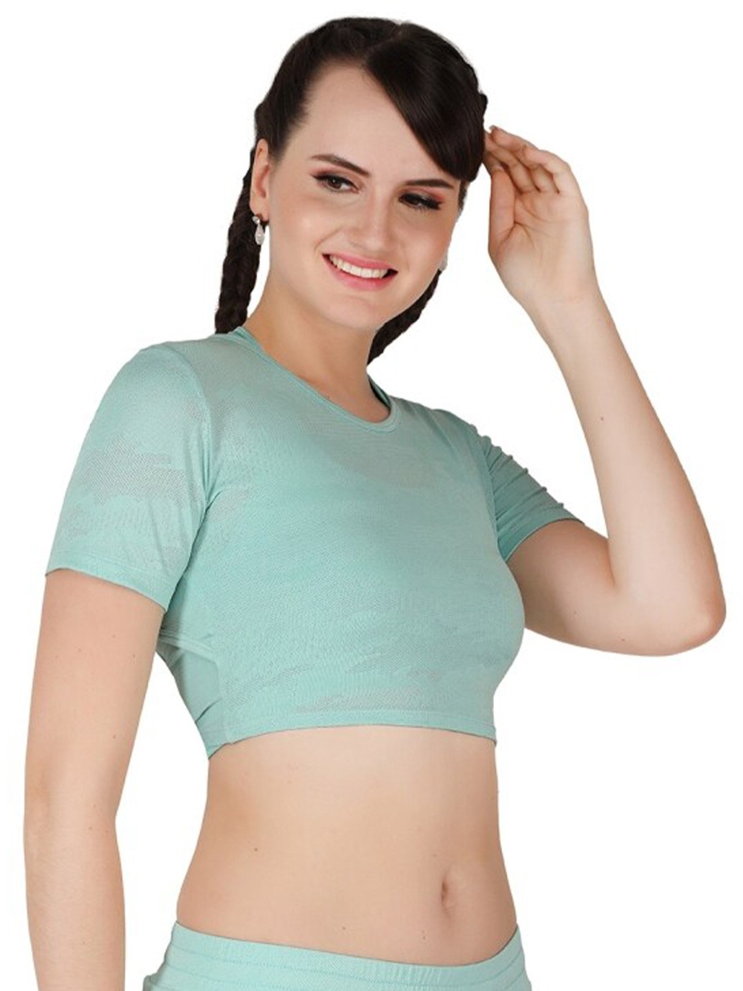

La Aimee Blue Solid Short Sleeves Crop Top