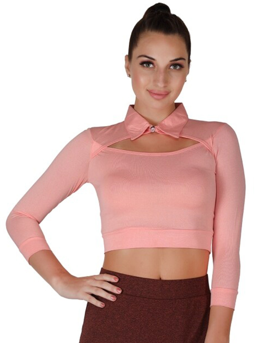 

La Aimee Peach-Coloured Solid Shirt Collar Crop Top