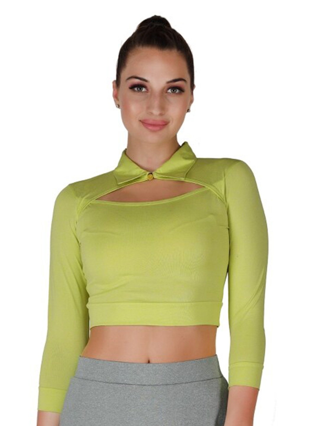 

La Aimee Yellow Solid Shirt Collar Crop Top