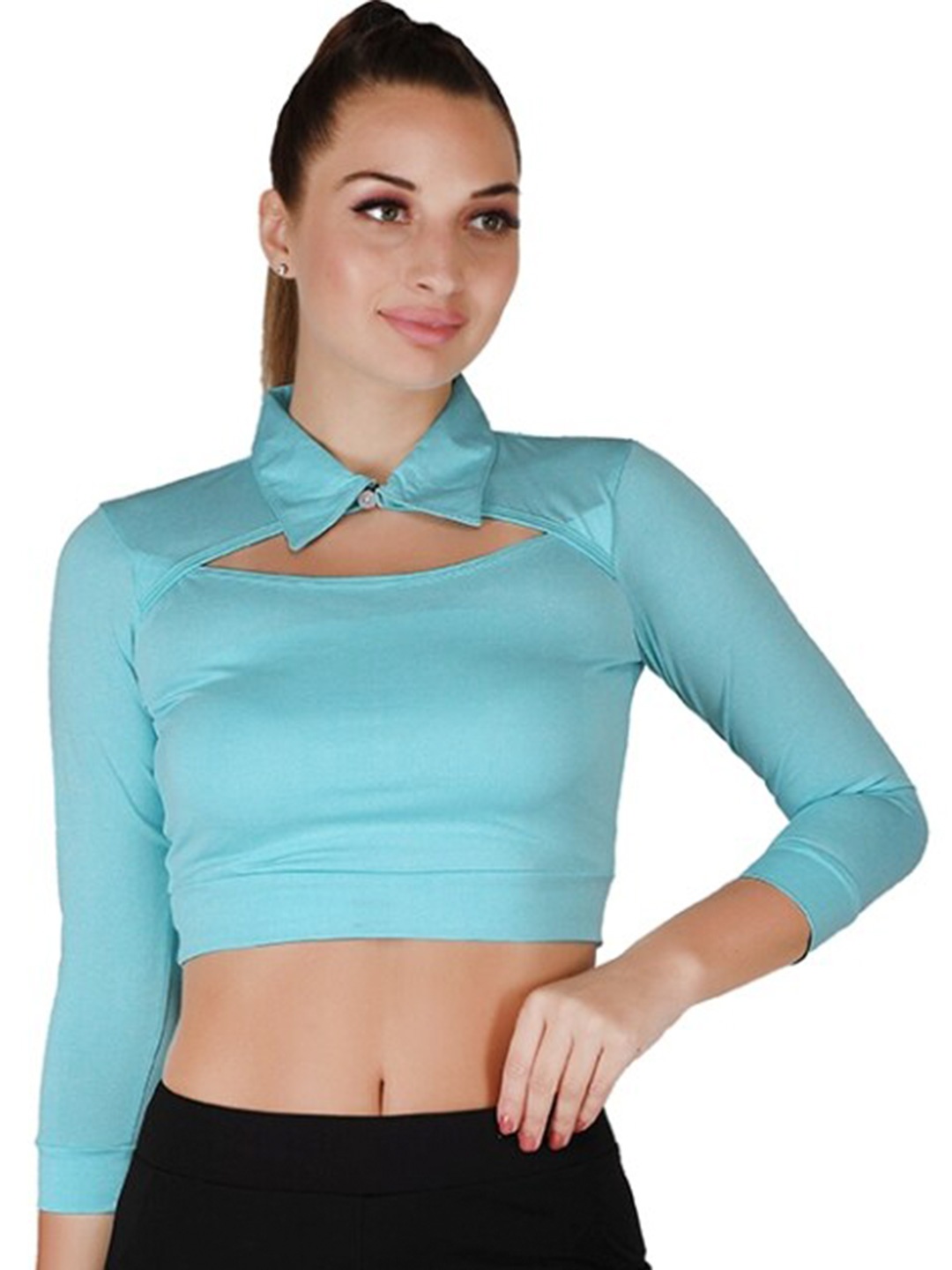 

La Aimee Blue Solid Shirt Collar Crop Top