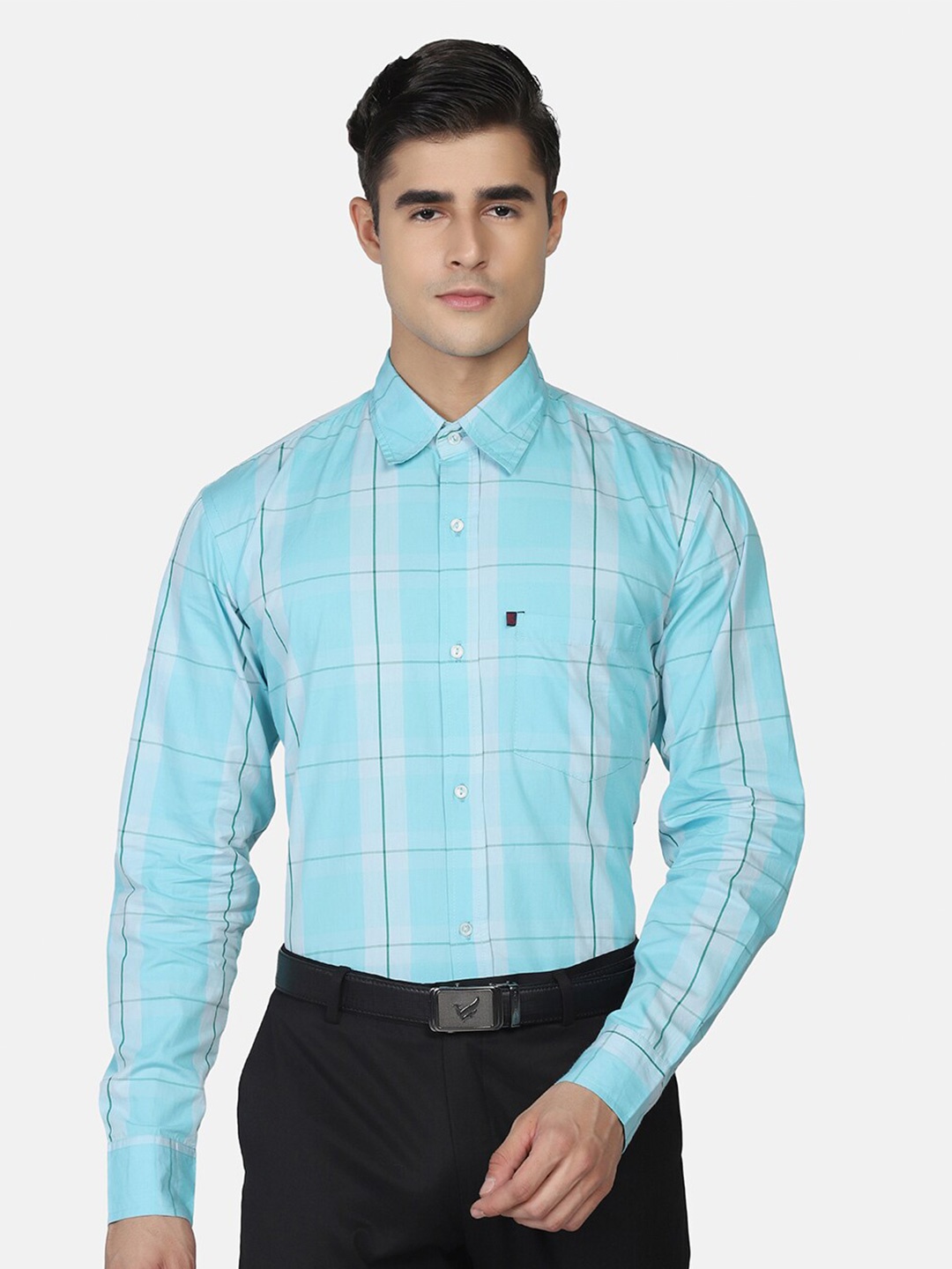 

TAHVO Comfort Slim Fit Checked Cotton Formal Shirt, Blue