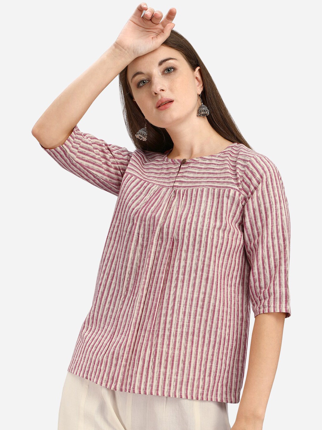 

MESMORA FASHION Women Pink & Beige Striped Pure Cotton Co-Ords