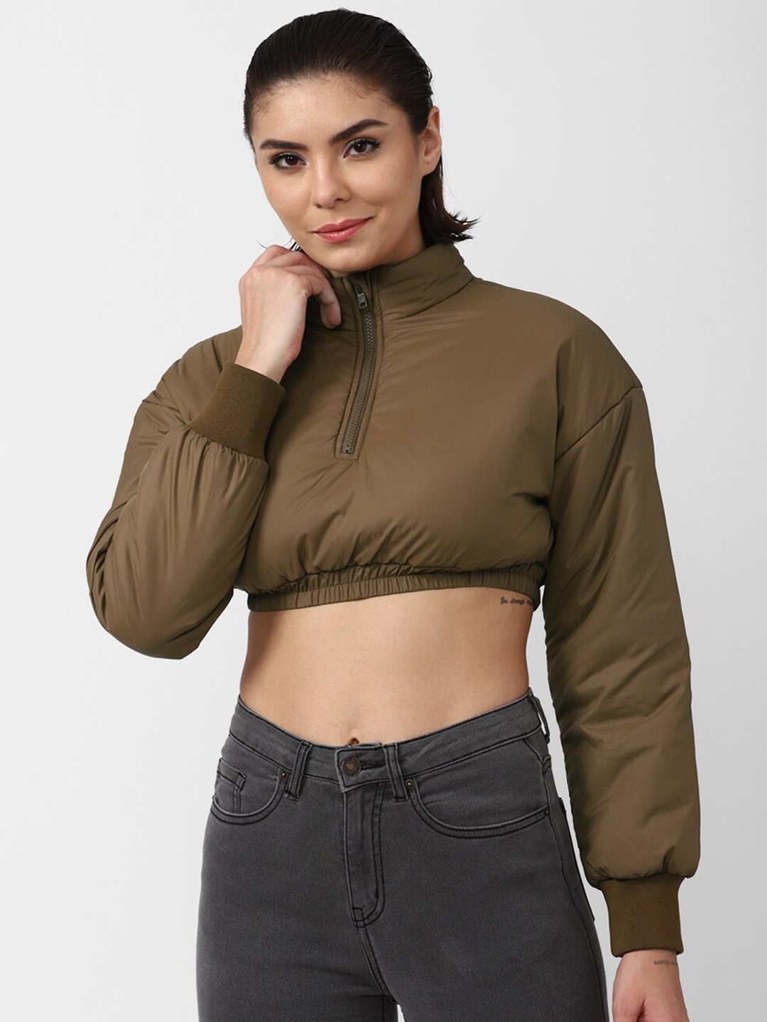 

FOREVER 21 Women Brown Crop Sporty Jacket