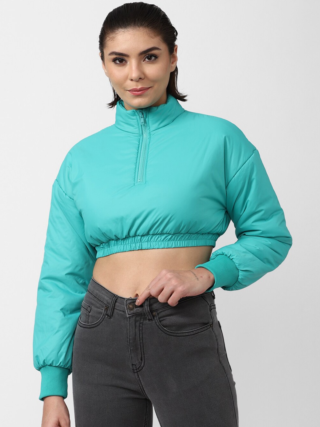 

FOREVER 21 Women Blue Crop Puffer Jacket