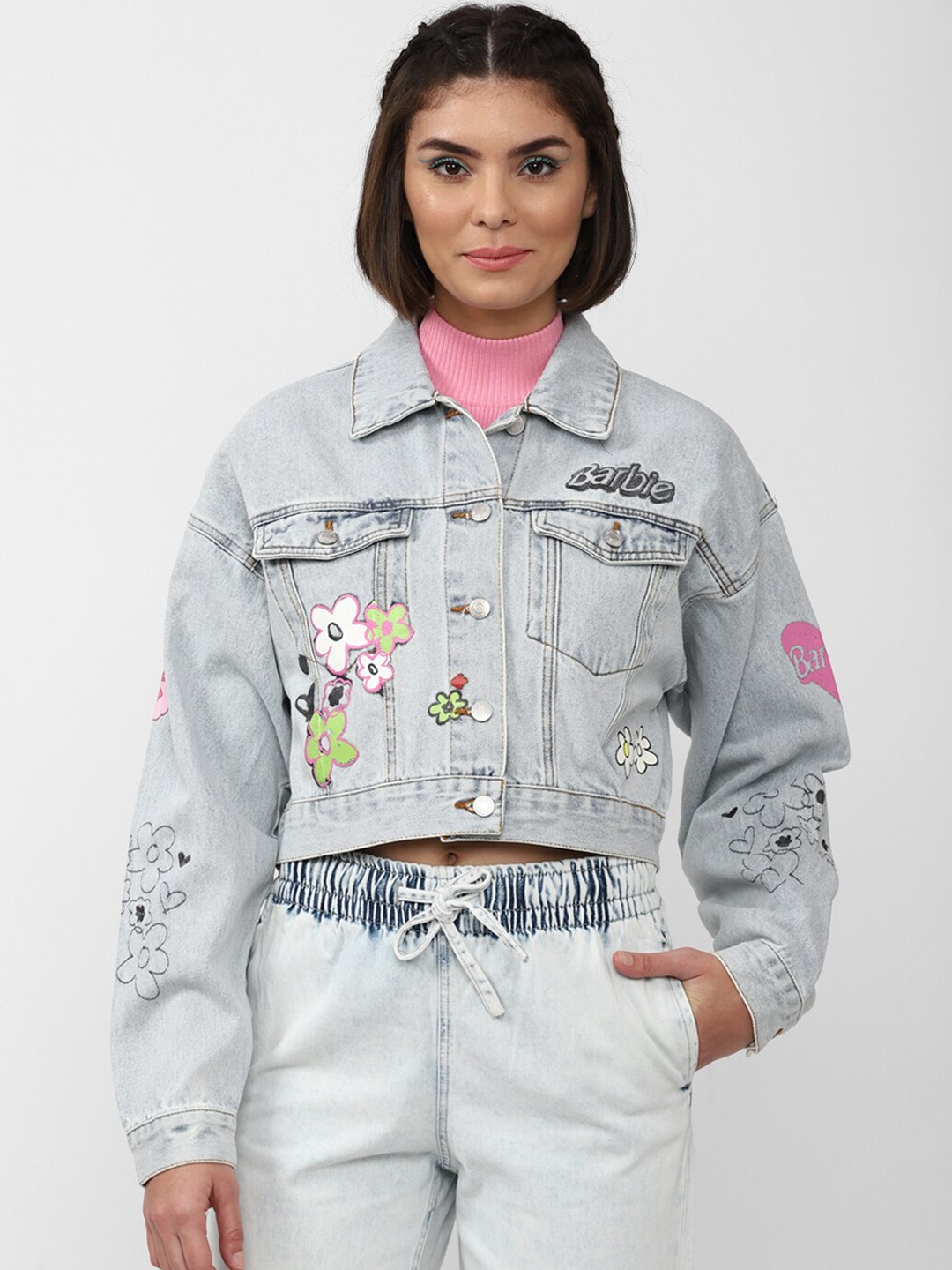 

FOREVER 21 Women Blue Crop Cotton Denim Jacket