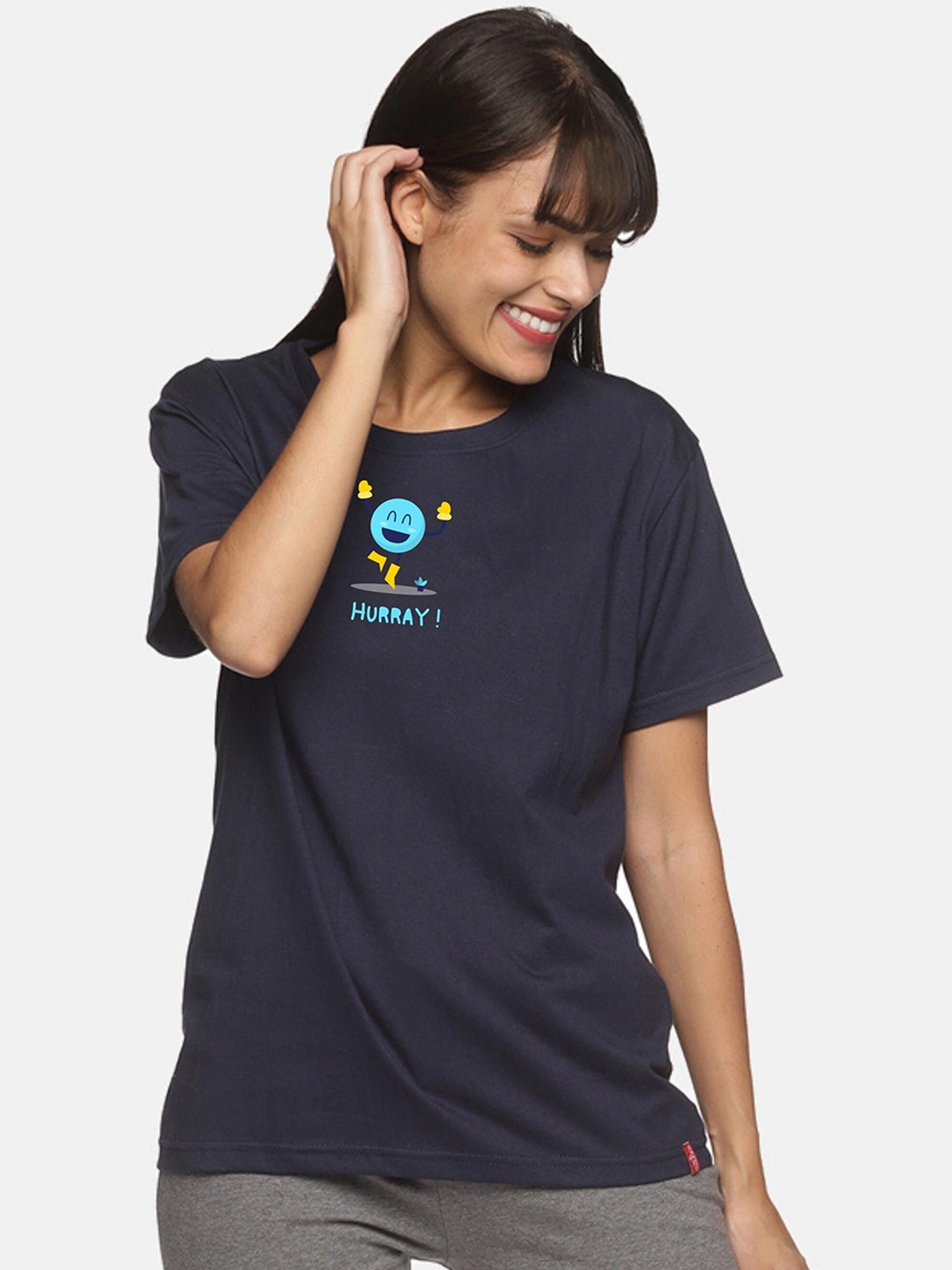

NOT YET by us Women Navy Blue Graphic Printed Cotton Lounge Tshirts