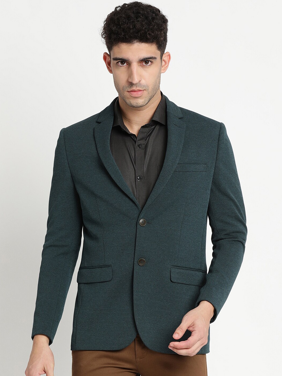 

Turtle Men Teal-Coloured Self-Design Single-Breasted Formal Blazers