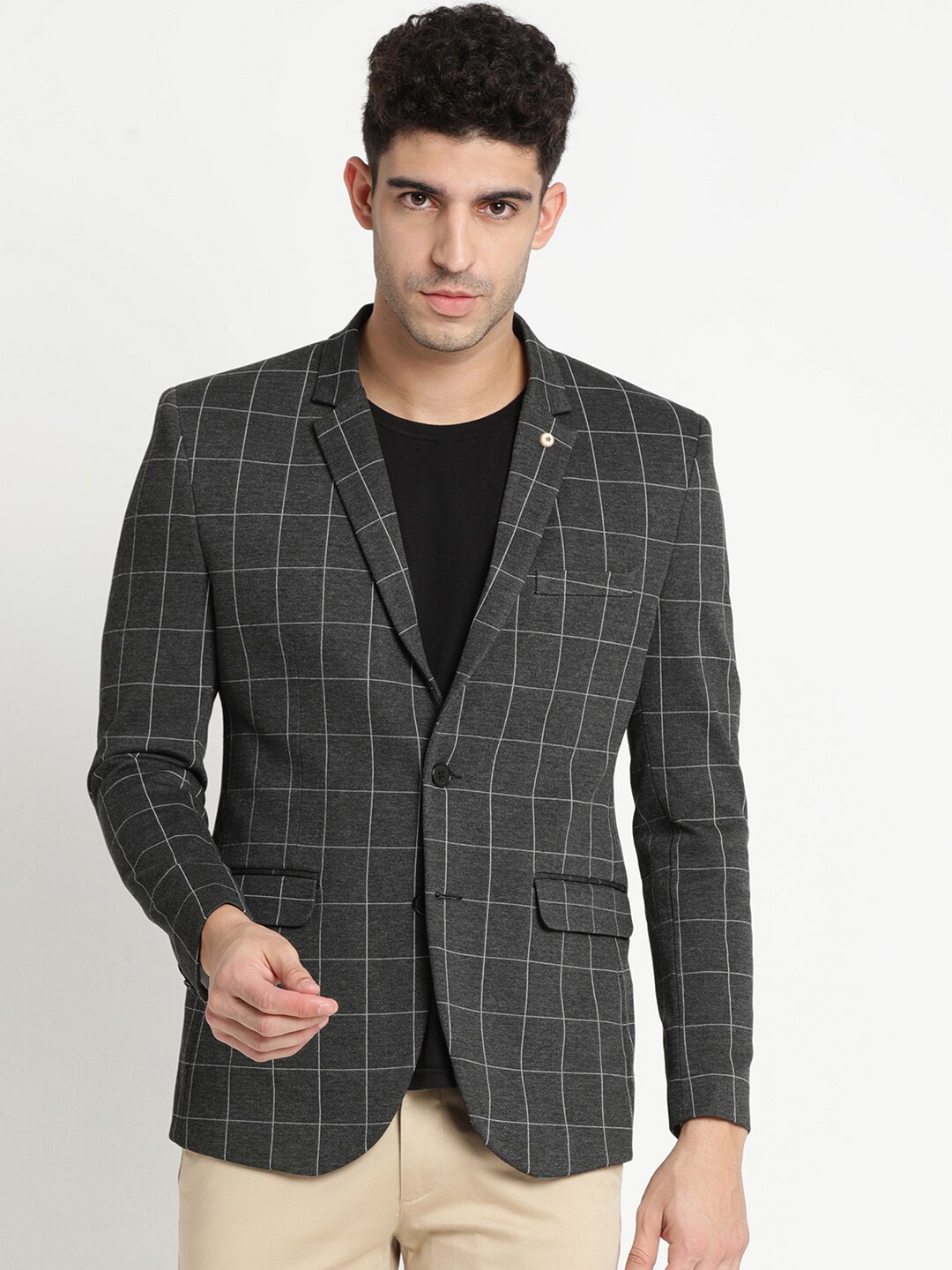 

Turtle Men Charcoal Grey Checked Single-Breasted Blazers