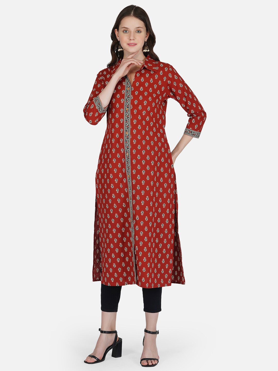 

METRO-FASHION Women Maroon & Black Pure Cotton Ethnic Motifs Printed Kurta