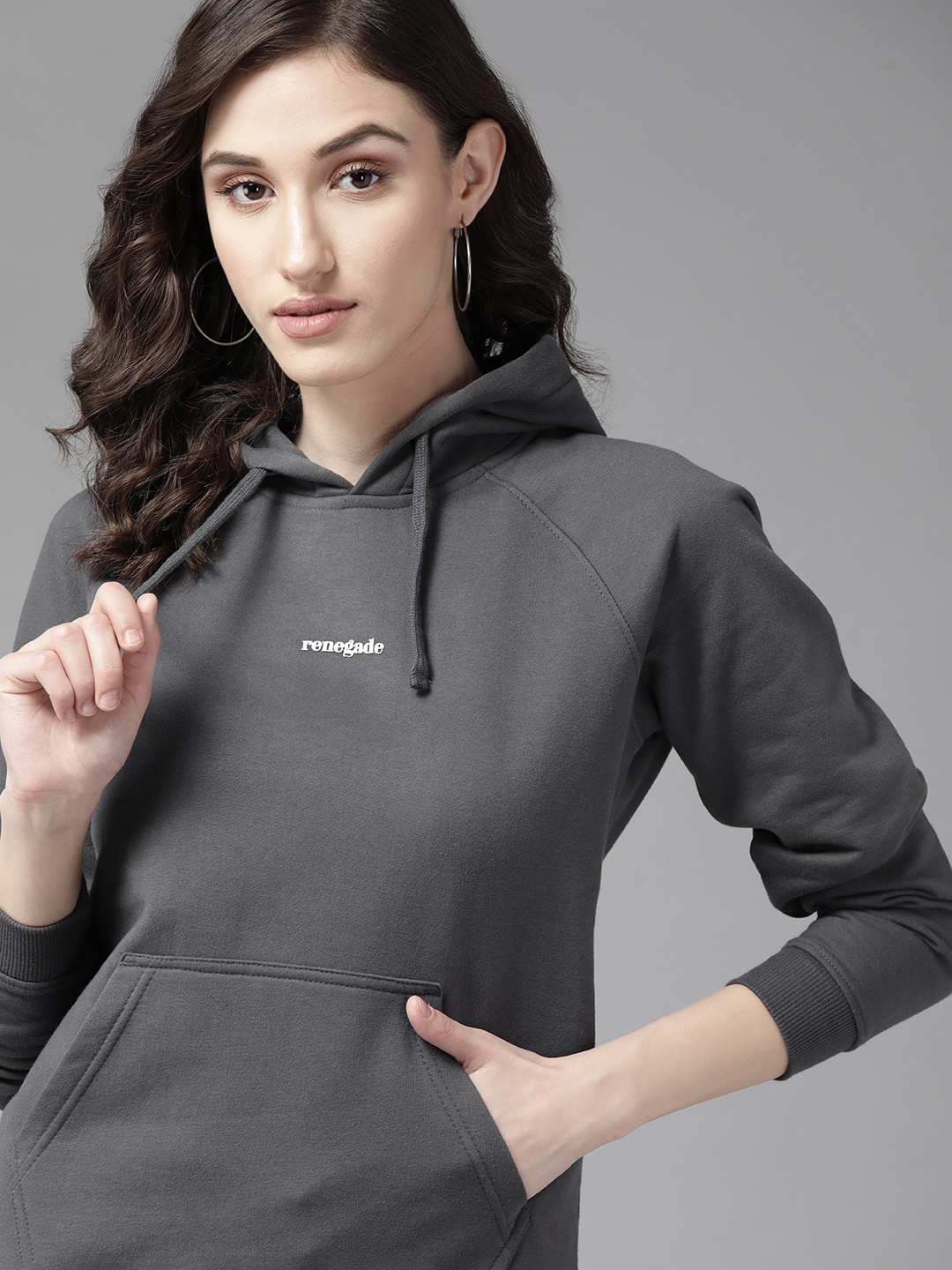 

Roadster Women Charcoal Printed Hooded Sweatshirt