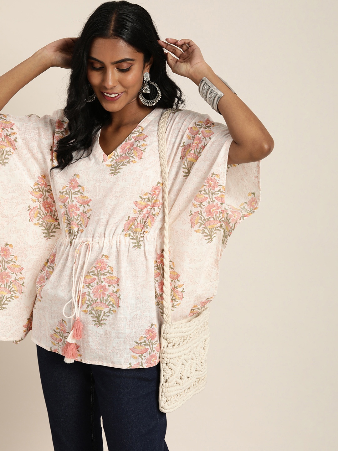 

Taavi Sanganeri Pure Cotton Hand Block Floral Printed Tunic, Off white
