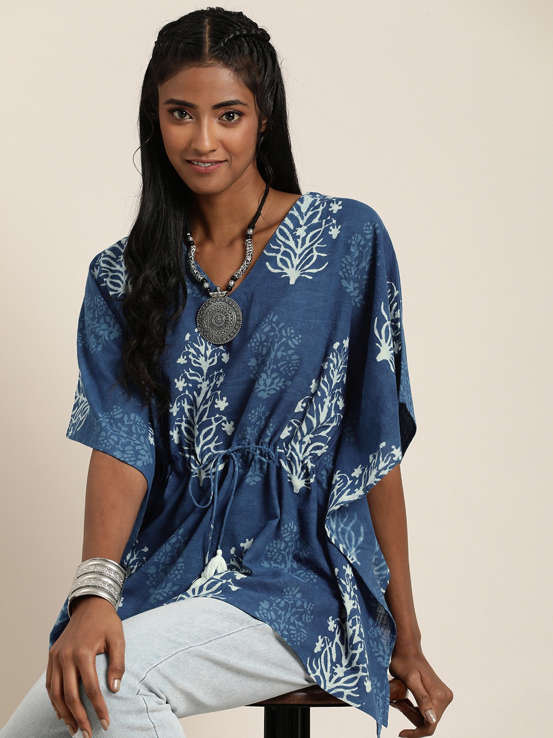 

Taavi Indigo Pure Cotton Ethic Motifs Printed Kaftan Style Tunic, Blue