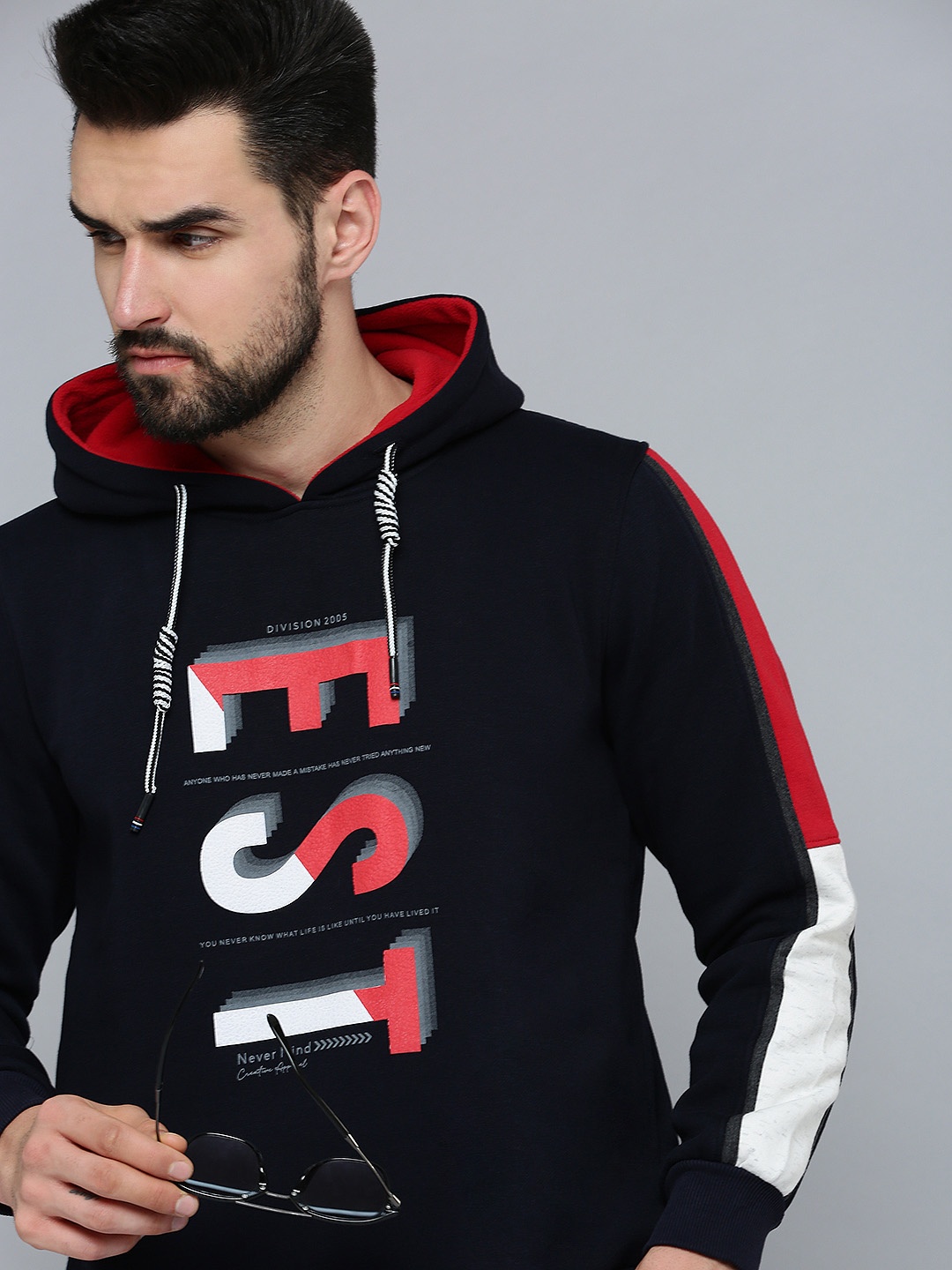 

SHOWOFF Men Navy Blue Printed Hooded Cotton Sweatshirt