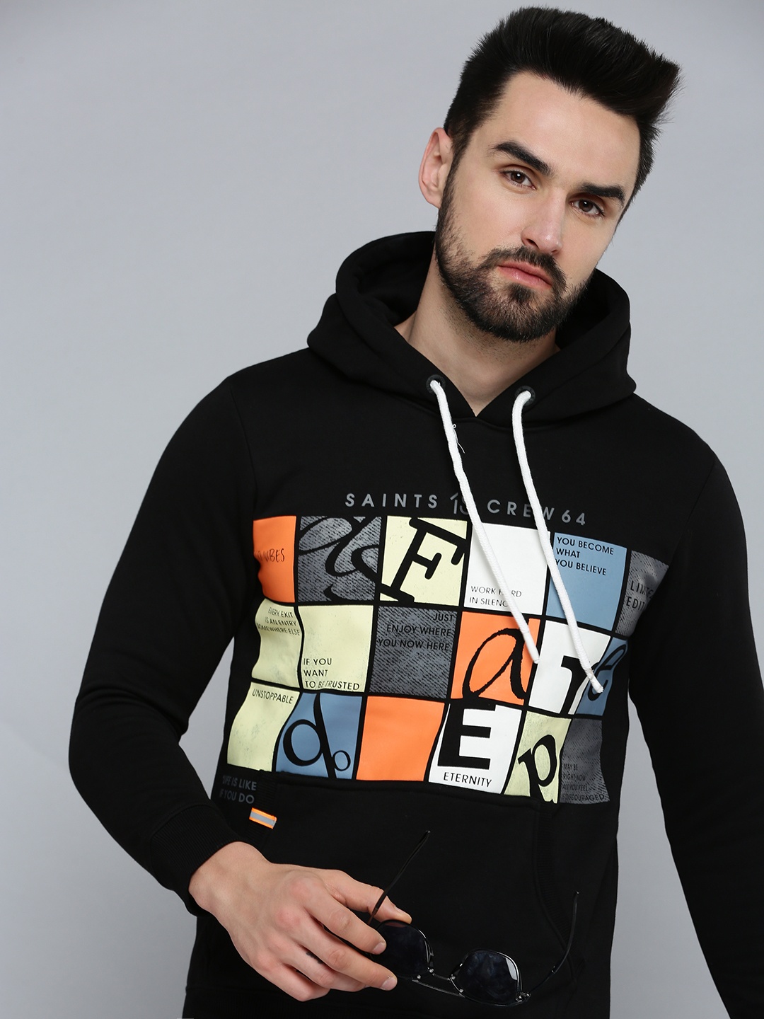 

SHOWOFF Men Black Printed Hooded Cotton Sweatshirt