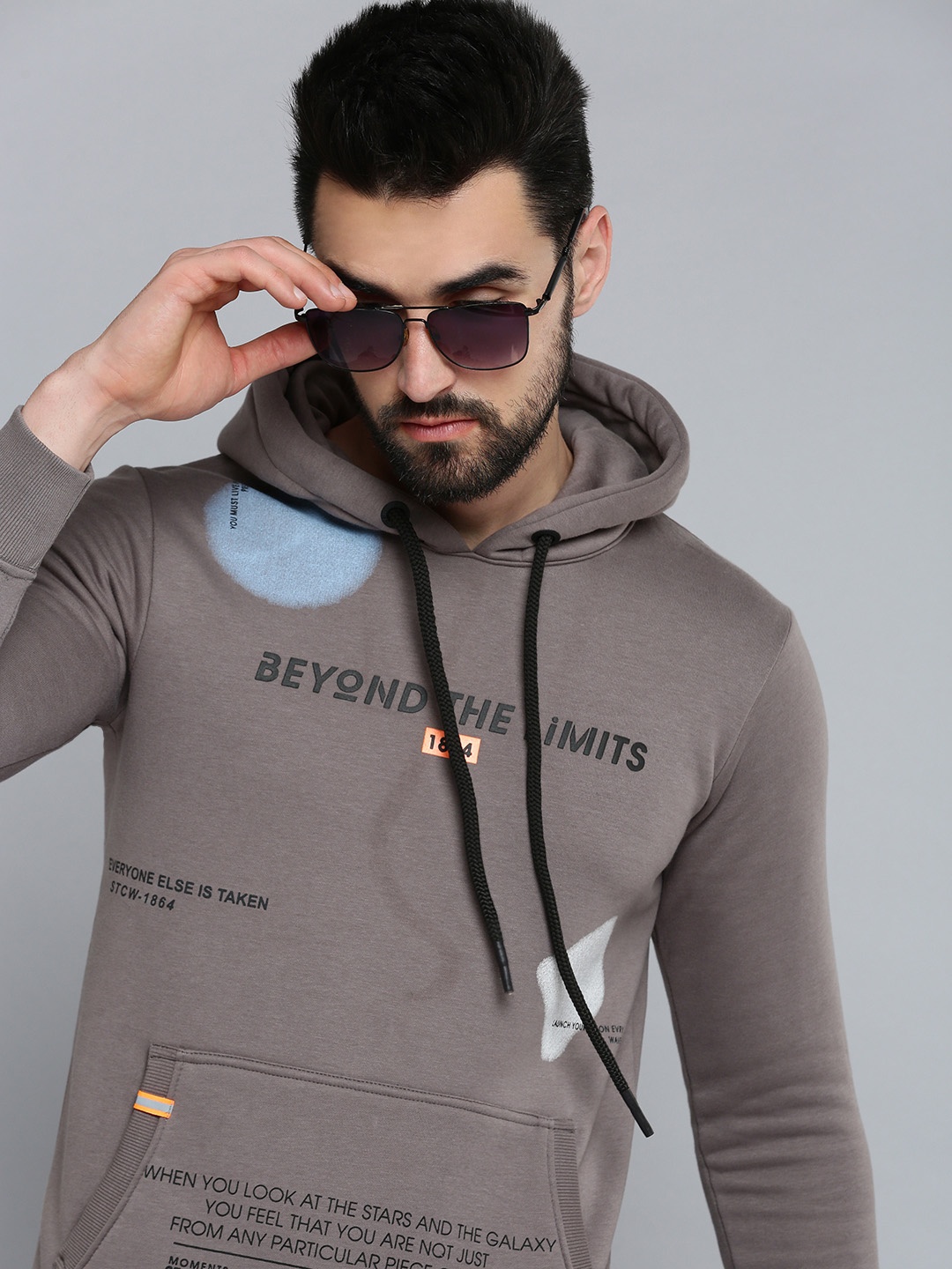SHOWOFF Men Grey Printed Hooded Cotton Sweatshirt