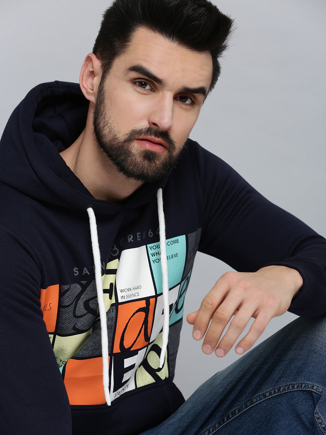 

SHOWOFF Men Navy Blue Printed Hooded Cotton Sweatshirt