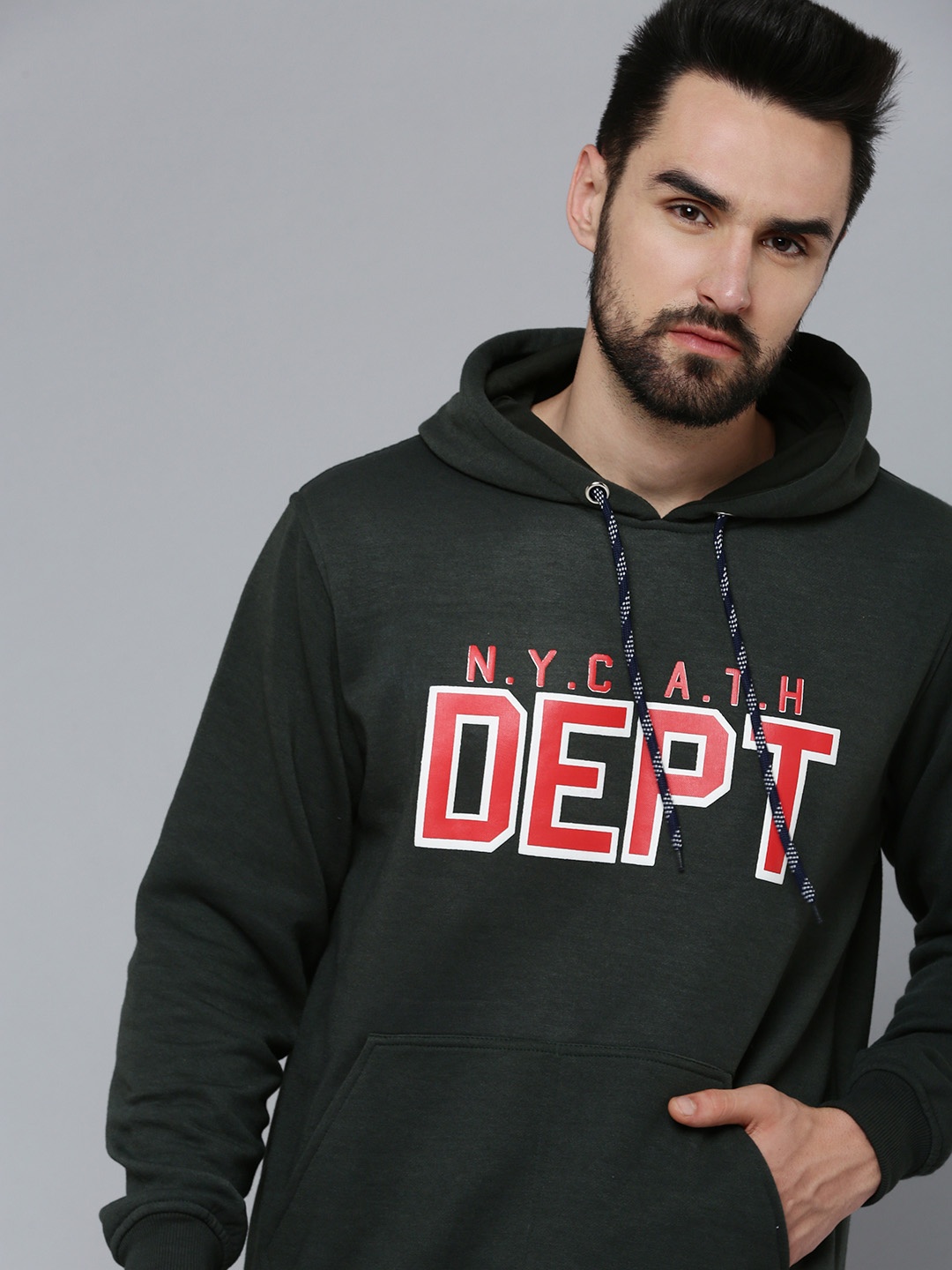 

SHOWOFF Men Olive Green Printed Hooded Cotton Sweatshirt