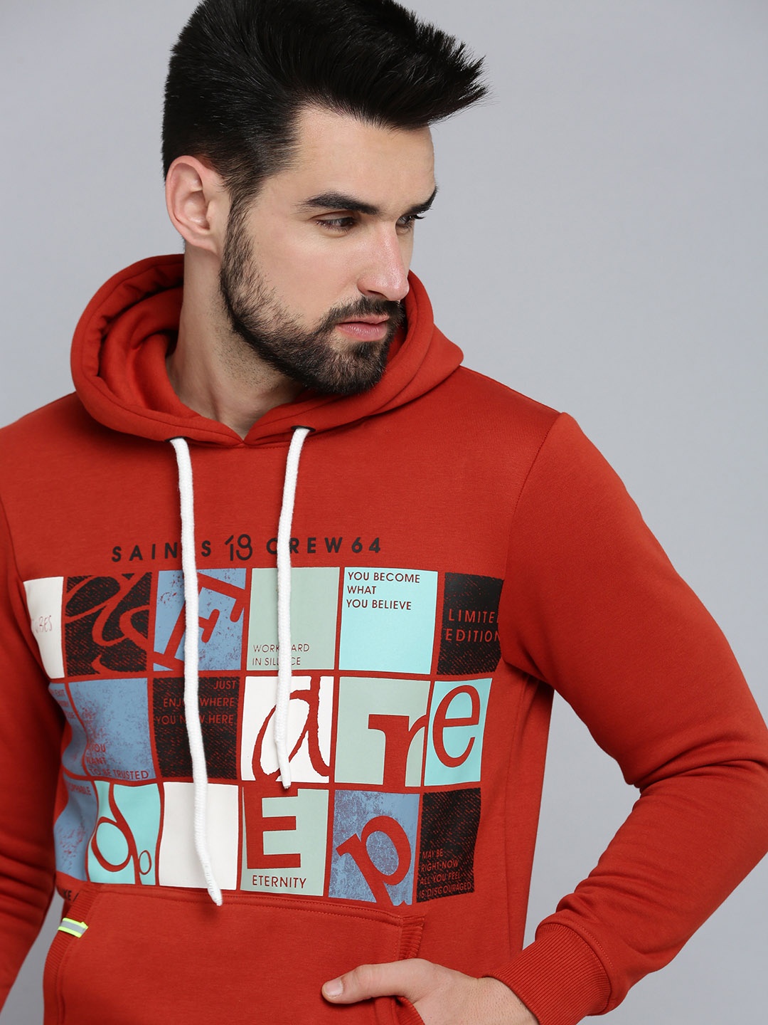 

SHOWOFF Men Rust Printed Hooded Cotton Sweatshirt