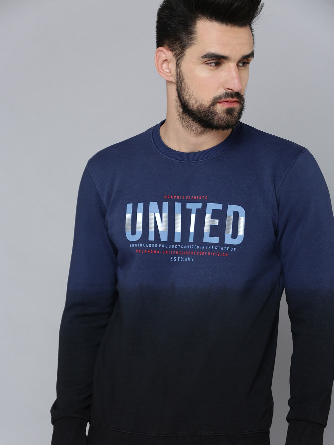 

SHOWOFF Men Navy Blue & Black Colourblocked Cotton Sweatshirt