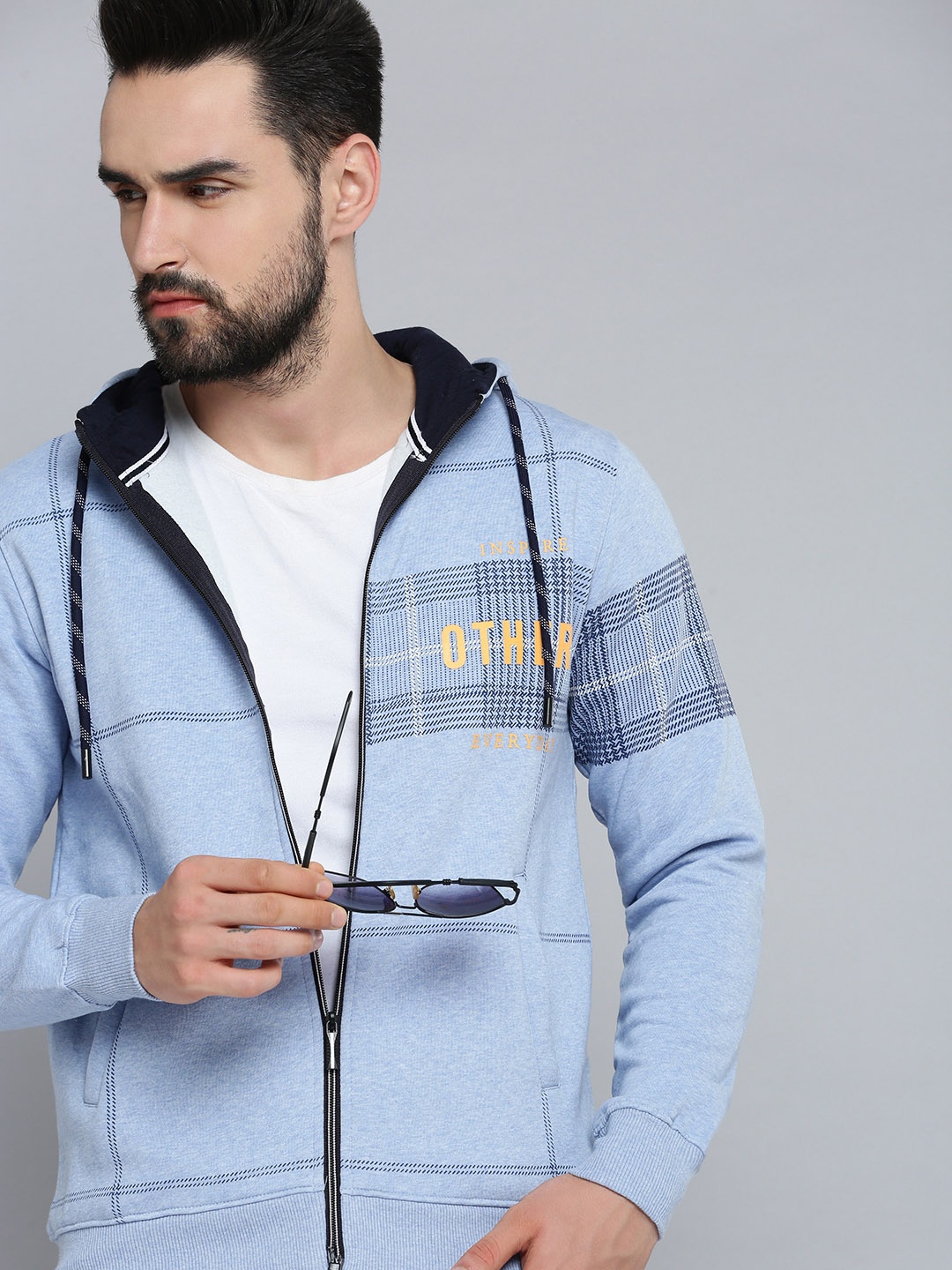 

SHOWOFF Men Blue Checked Hooded Cotton Sweatshirt