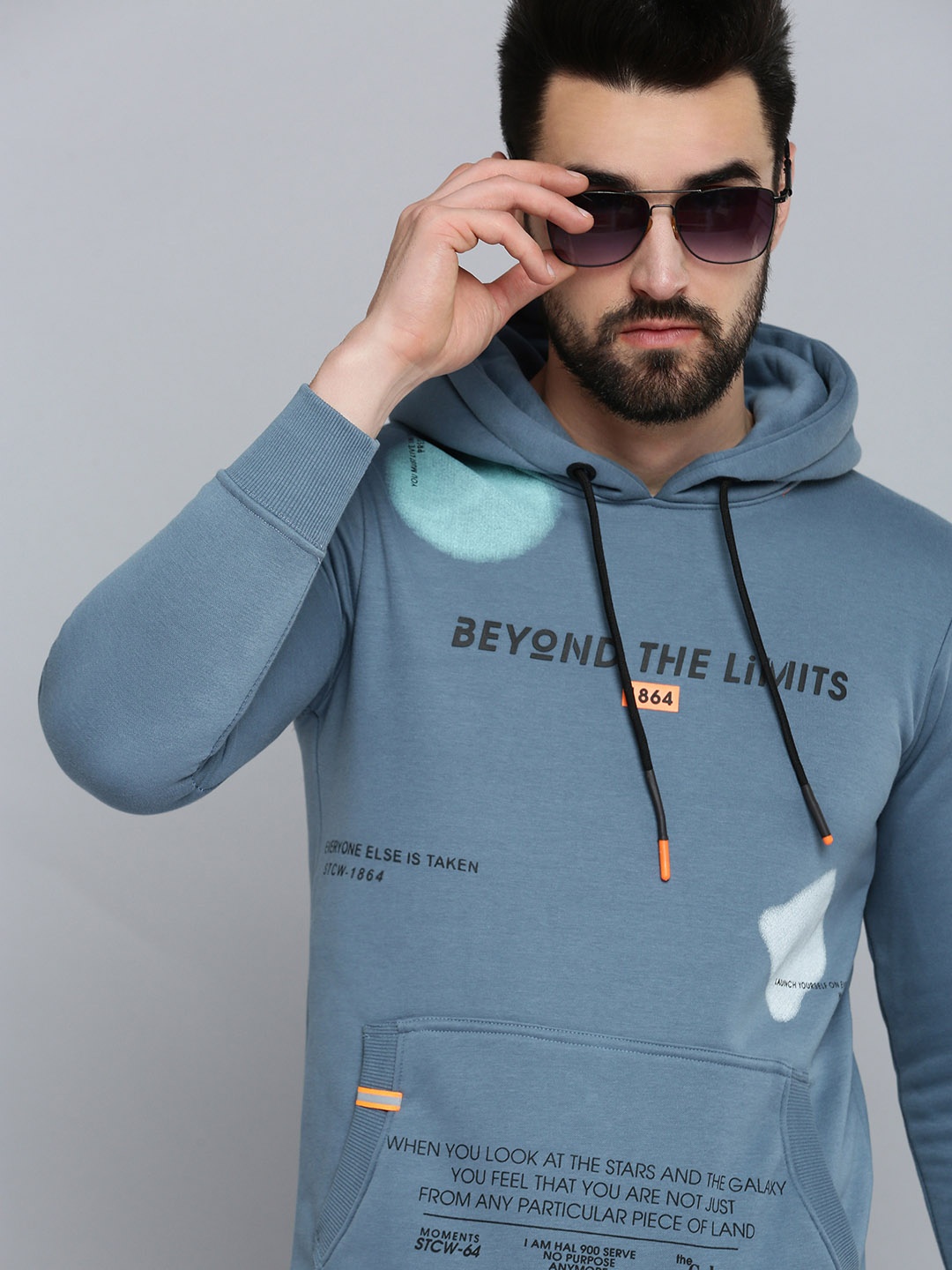 

SHOWOFF Men Blue Printed Hooded Cotton Sweatshirt