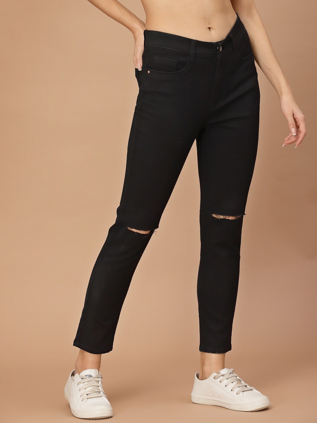 

KASSUALLY Women Black Skinny Fit Low Distress Stretchable Jeans