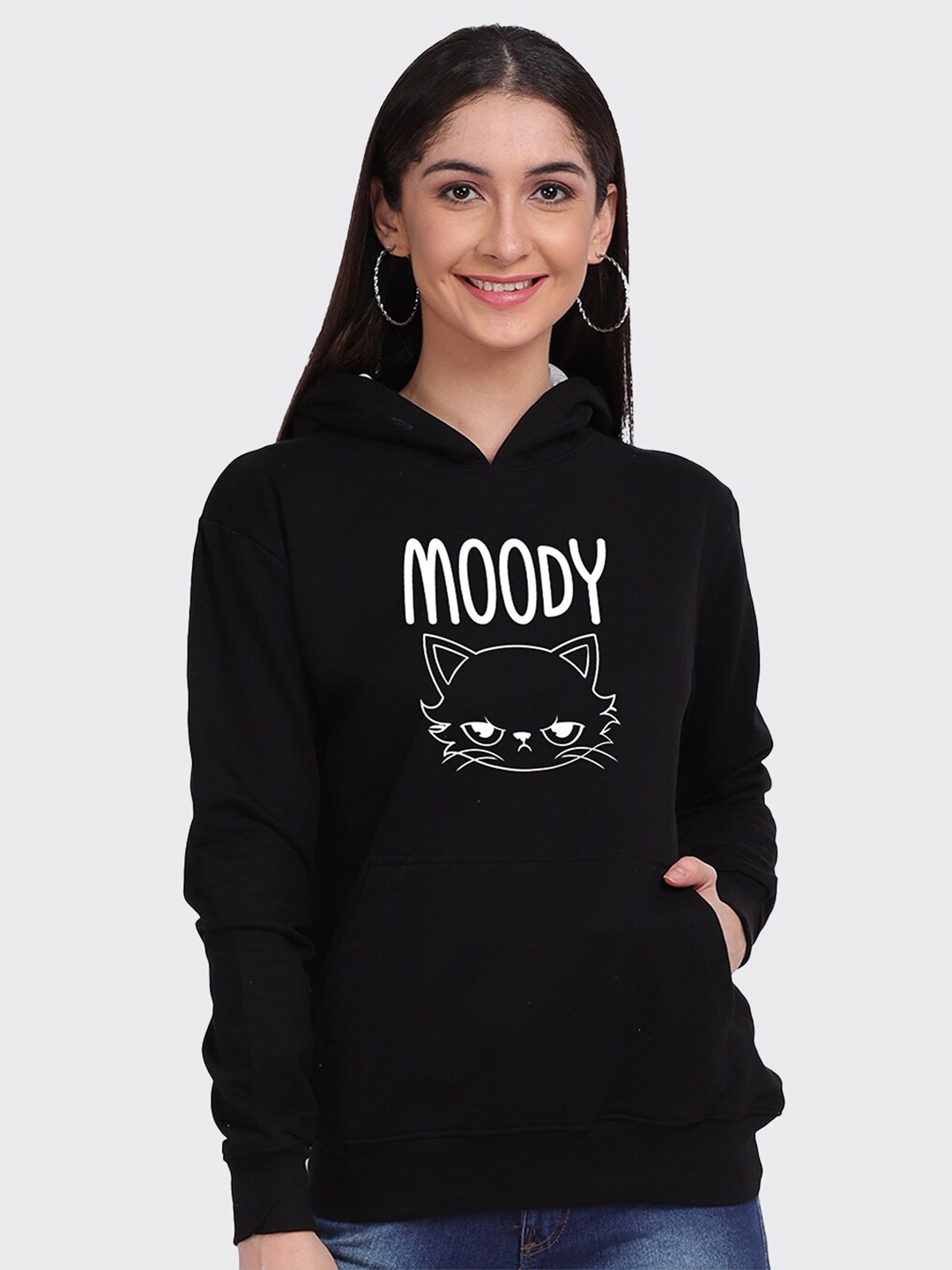 

Mad Over Print Women Black Printed Hooded Sweatshirt