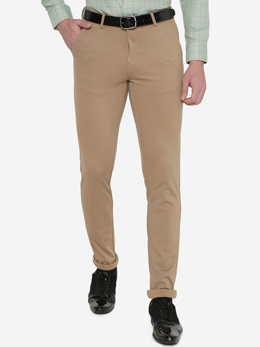 

JB STUDIO Men Khaki Solid Cotton Slim Fit Formal Trousers