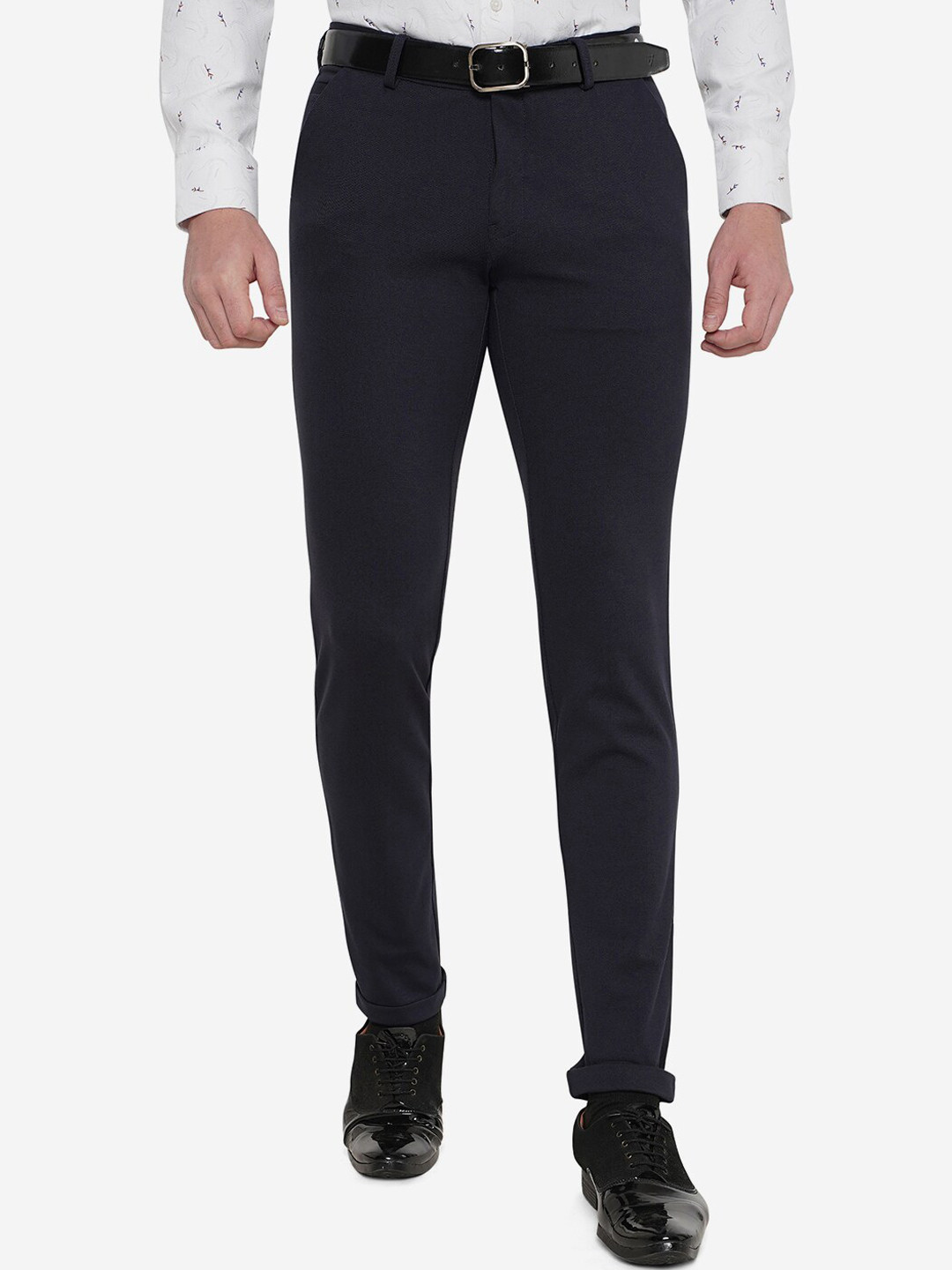 

JB STUDIO Men Navy Blue Solid Cotton Slim Fit Formal Trousers