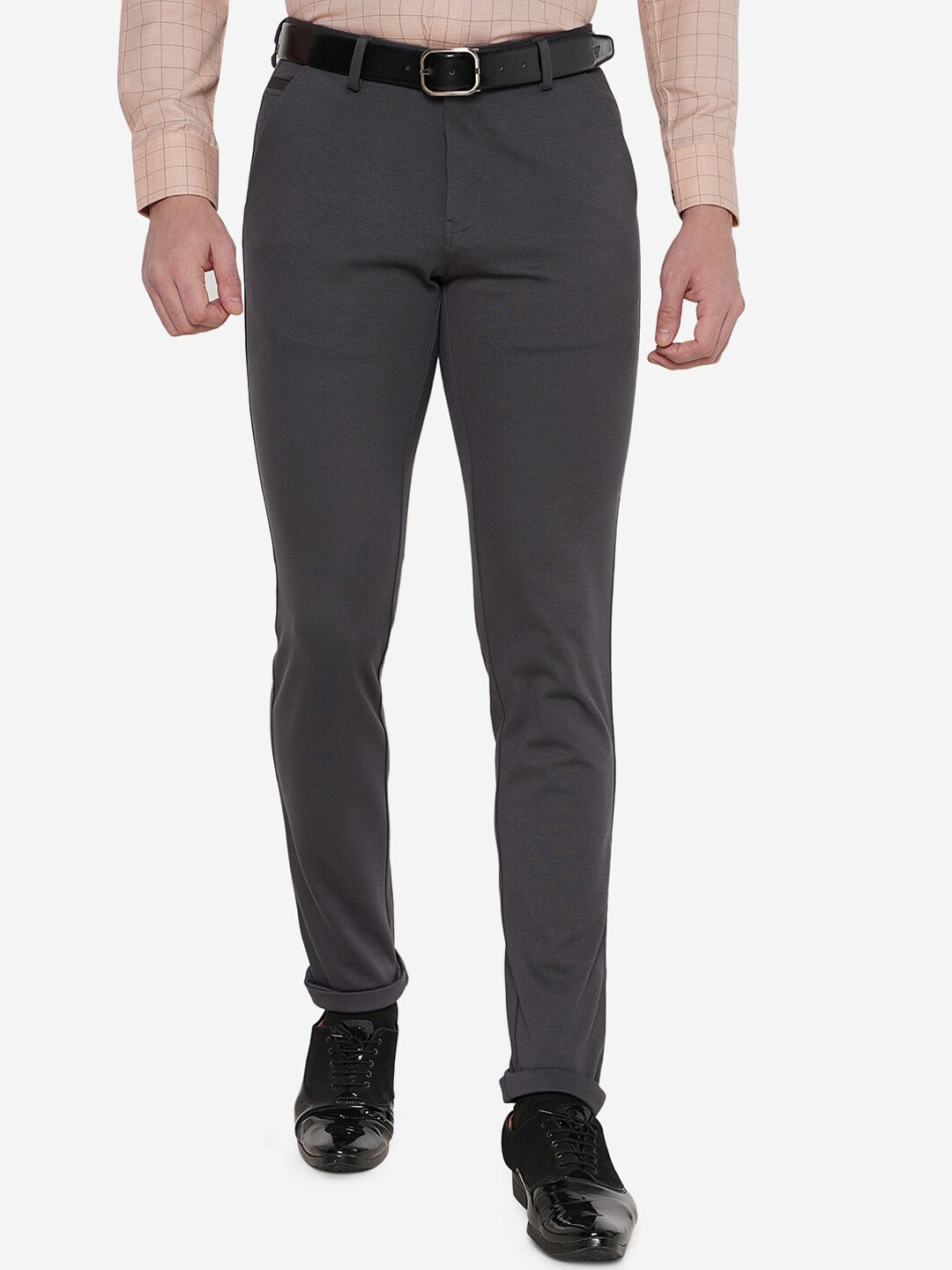 

JB STUDIO Men Charcoal Solid Cotton Slim Fit Formal Trousers