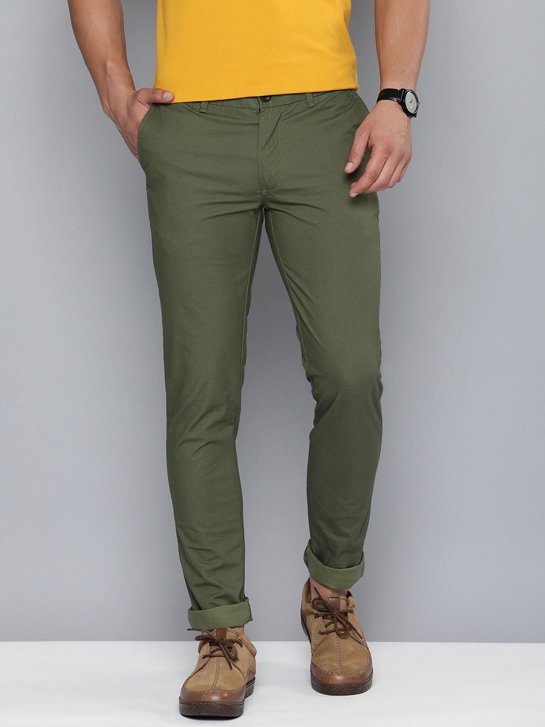 

Indian Terrain Men Geometric Printed Kruger Skinny Fit Chinos, Olive