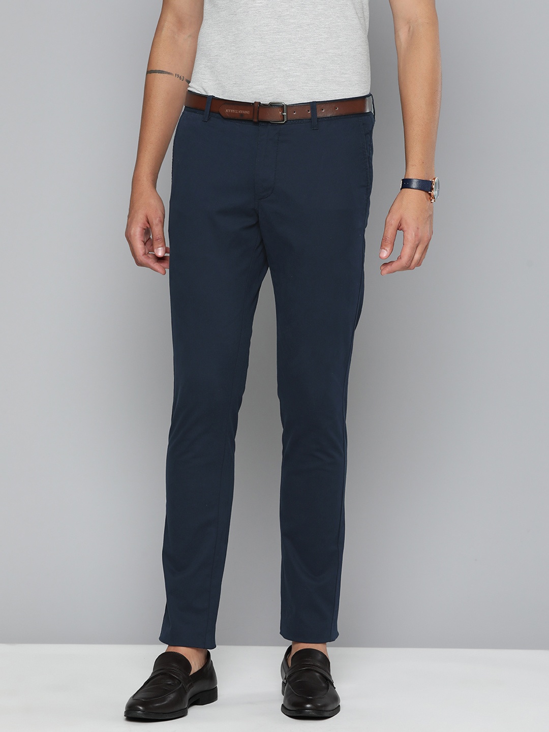 

Indian Terrain Men Brooklyn Slim Fit Formal Trousers with a Belt, Navy blue