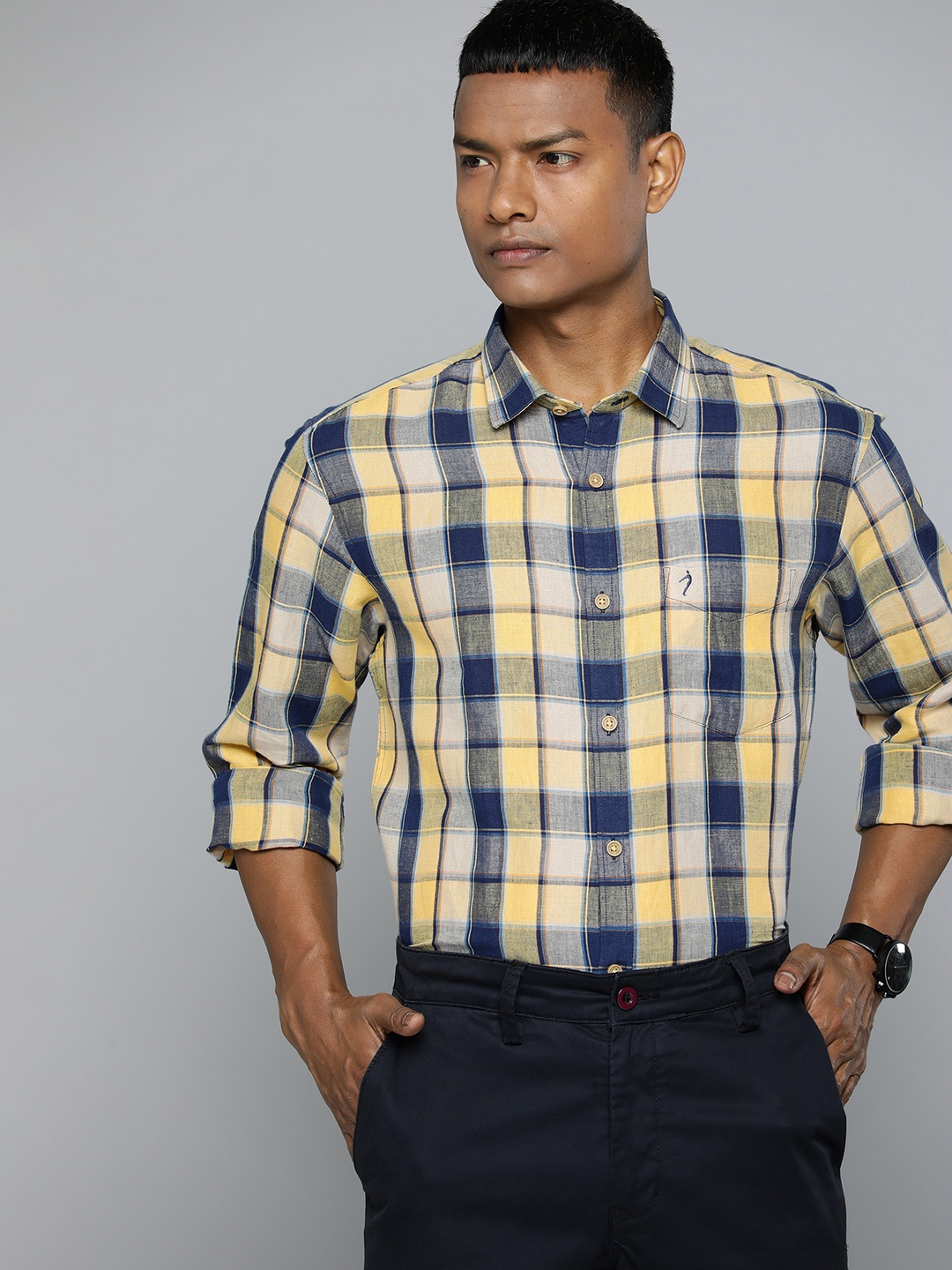

Indian Terrain Linen Cotton Slim Fit Tartan Checks Shirt, Yellow