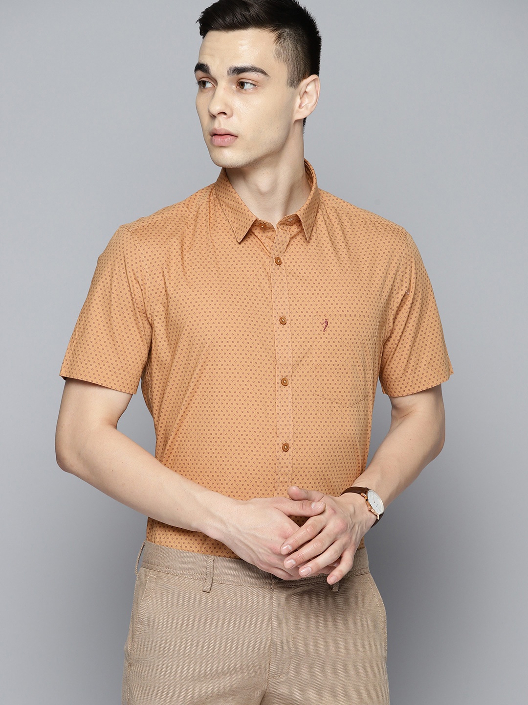 

Indian Terrain Slim Fit Opaque Printed Semiformal Shirt, Rust