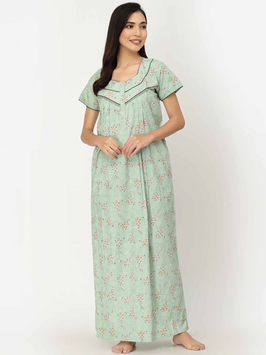 

Sweet Dreams Green Printed Pure Cotton Maxi Nightdress