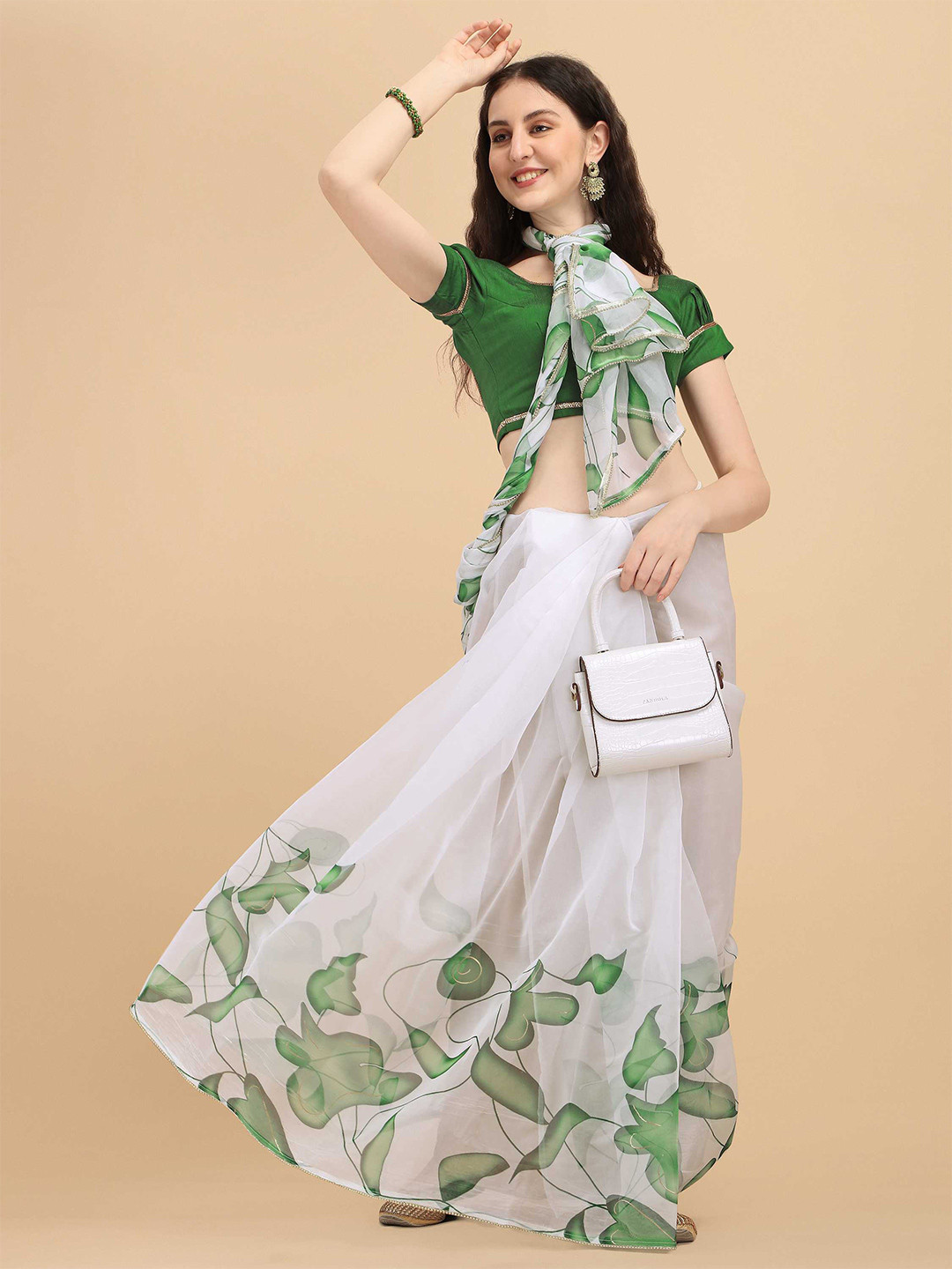 

DUNGRANI Lime Green & White Floral Organza Saree