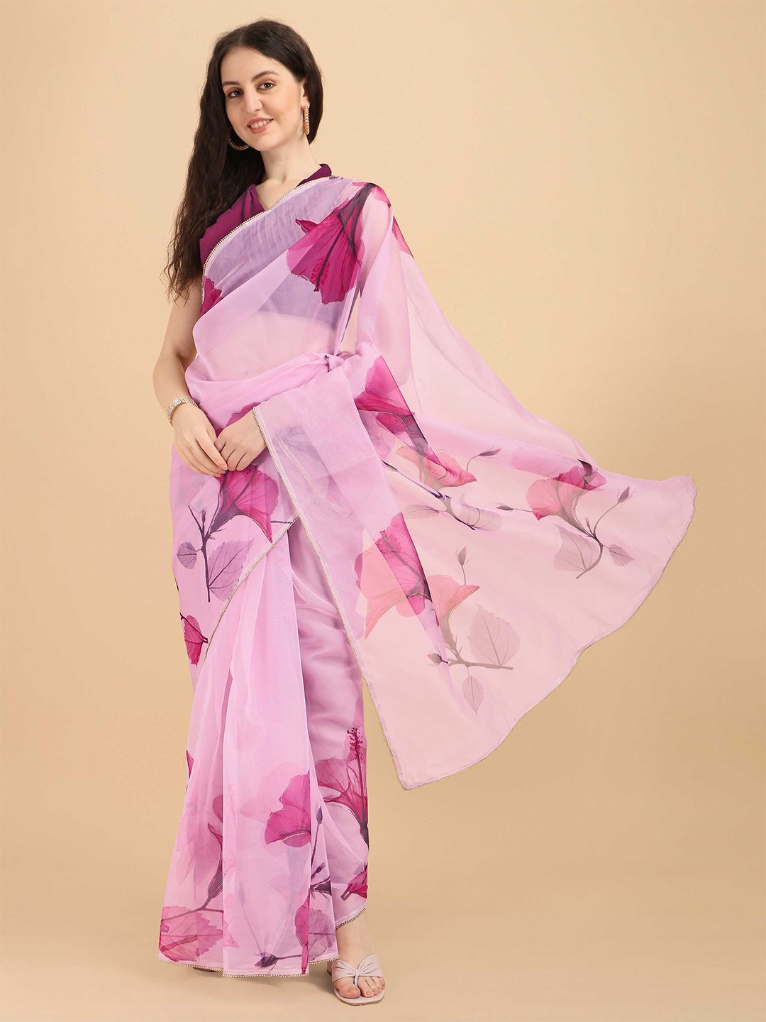 

DUNGRANI Pink & Purple Floral Organza Saree