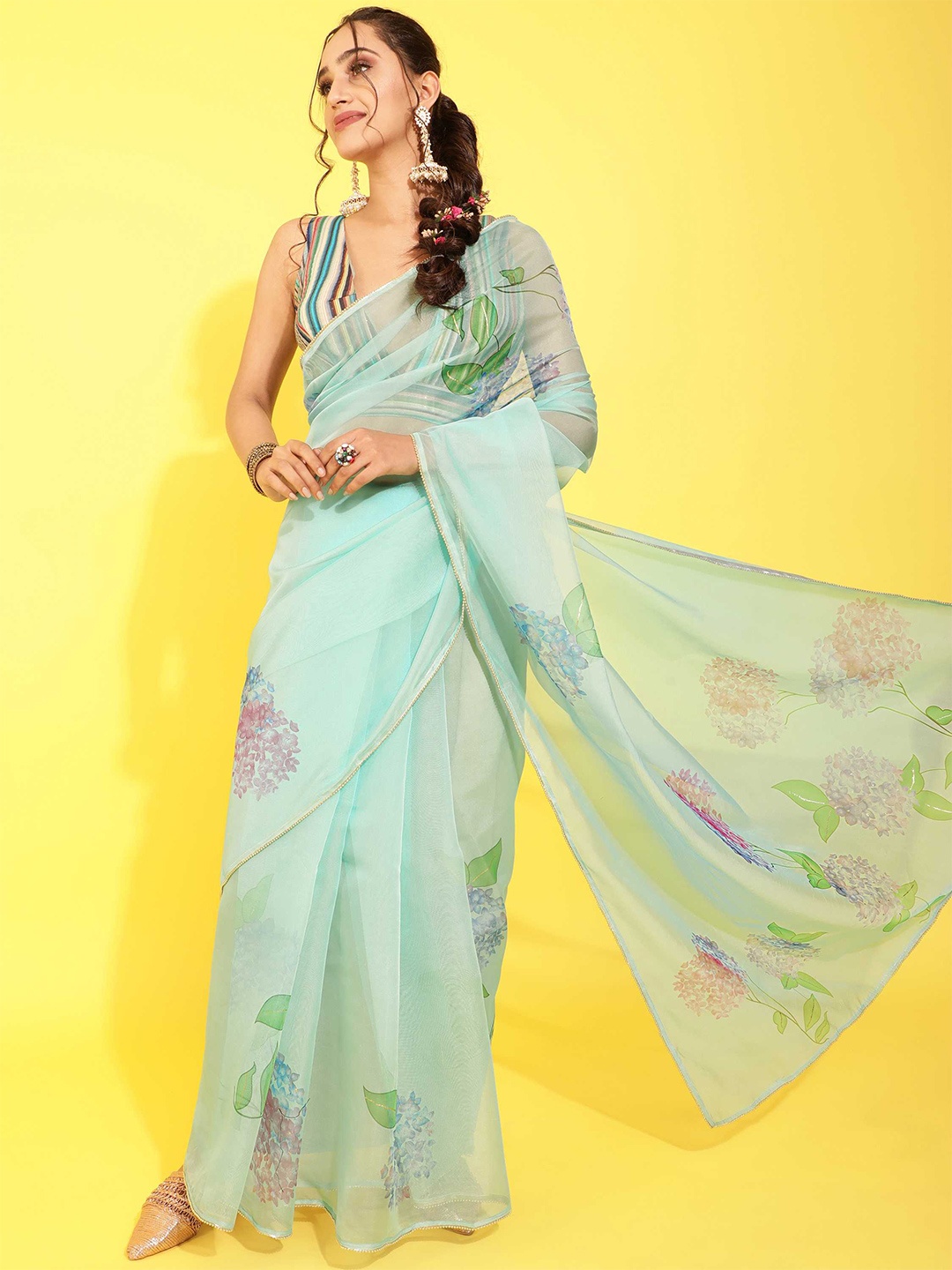 

DUNGRANI Turquoise Blue & Pink Floral Organza Saree